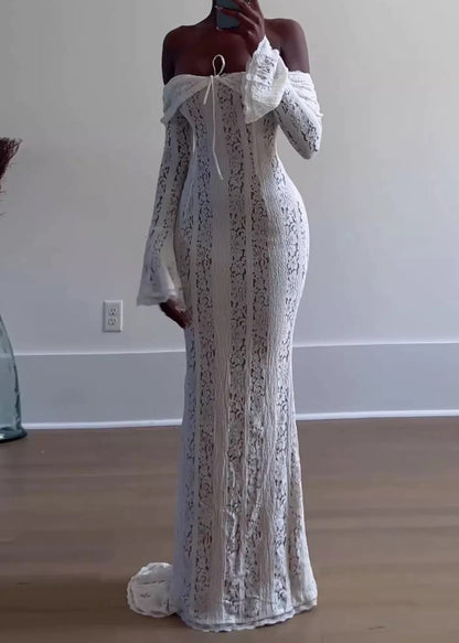 White Slash Neck Off Shoulder Long Dress Flared Sleeves