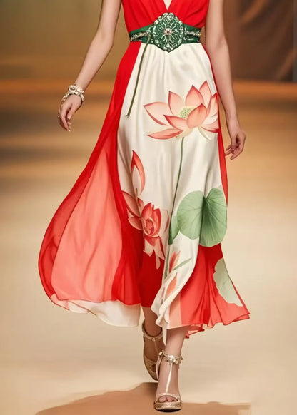 Fine Red Cinched Patchwork Silk Mini Dress Summer