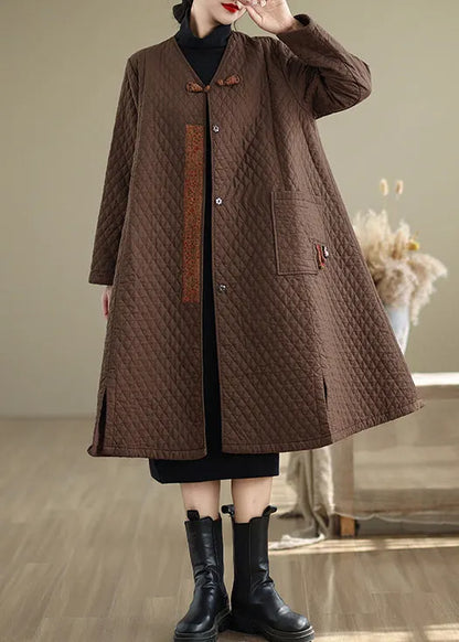 Coffee Pockets Fine Cotton Filled Retro Coats V Neck Winter