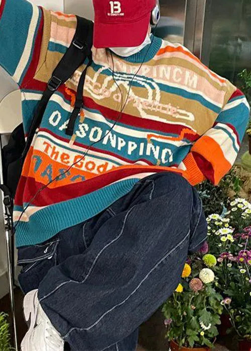 Blue Striped Letter Cotton Knit Sweaters Winter