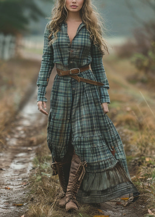Green V Neck Plaid Button Chiffon Long Dress Fall