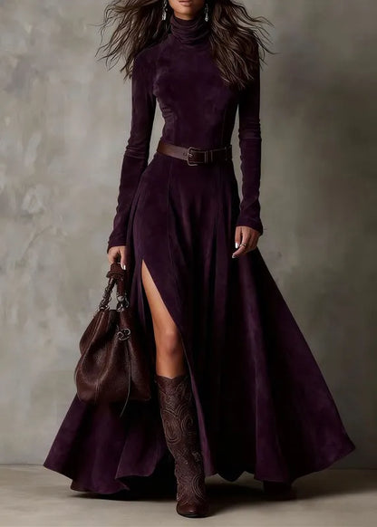 Coffee Patchwork Sashes Side Open Maxi Dresses Spring