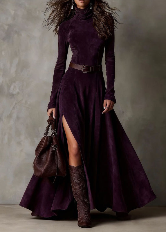 Coffee Patchwork Sashes Side Open Maxi Dresses Spring