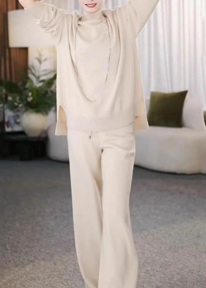 Beige Turtleneck Cotton Knit Sweaters and Wide Leg Pants Two Pieces Set Winter