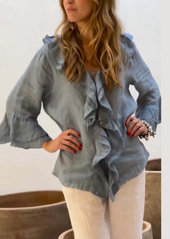Blue V Neck Ruffled Patchwork Cotton Shirt Tops Spring