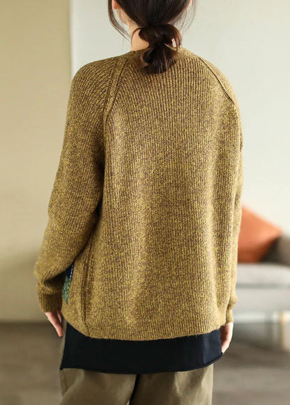 Yellow V Neck Patchwork Applique Knit Cardigans Winter