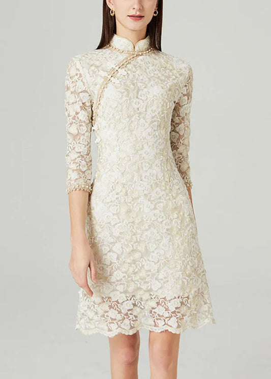 French Beige Stand Collar Nail Bead Oriental Button Lace Mid Dress Spring