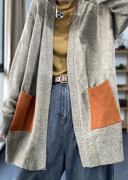 Khaki Pockets Patchwork Knit Cardigan Fall