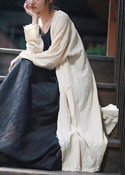 Beige Tasseled Pockets Linen Cardigan Long Sleeve