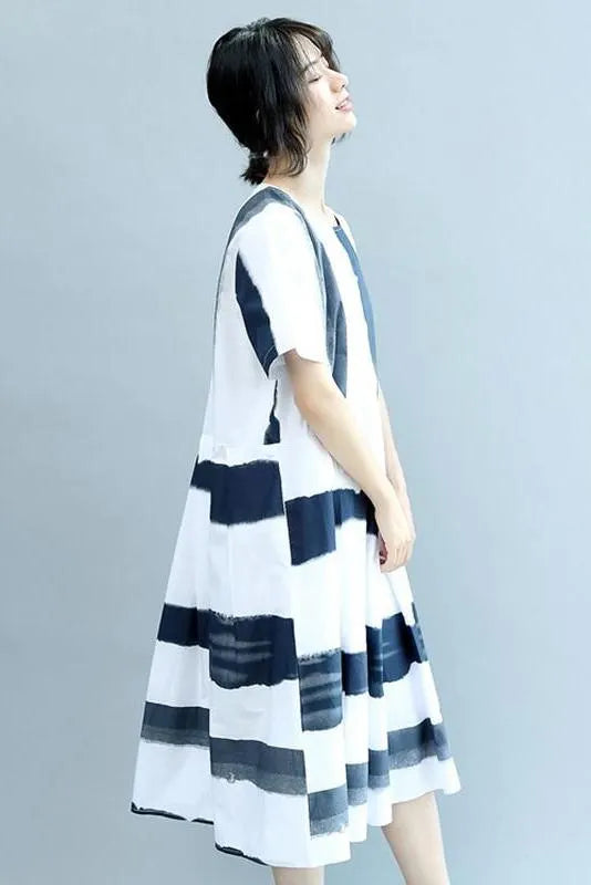 Round Neck Blue White Wide Stripe Summer Chiffon Loose Fitting Dresses