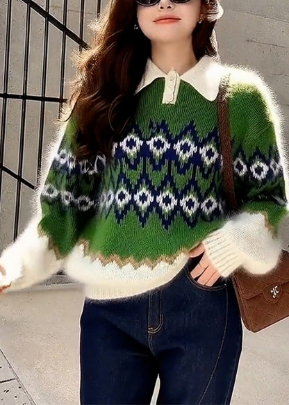 Green Oversized Print Thick Knitted Tops Winter