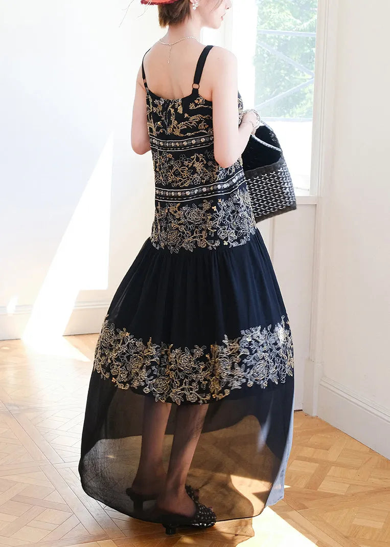 Handmade Black Nail Bead Patchwork Spaghetti Strap Dress Sleeveless
