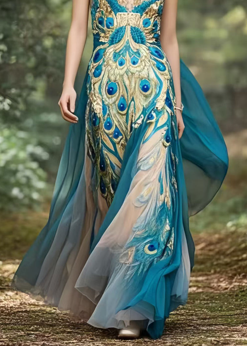 Peacock Blue Print Exra Large Hem Chiffon Holiday Dress Summer