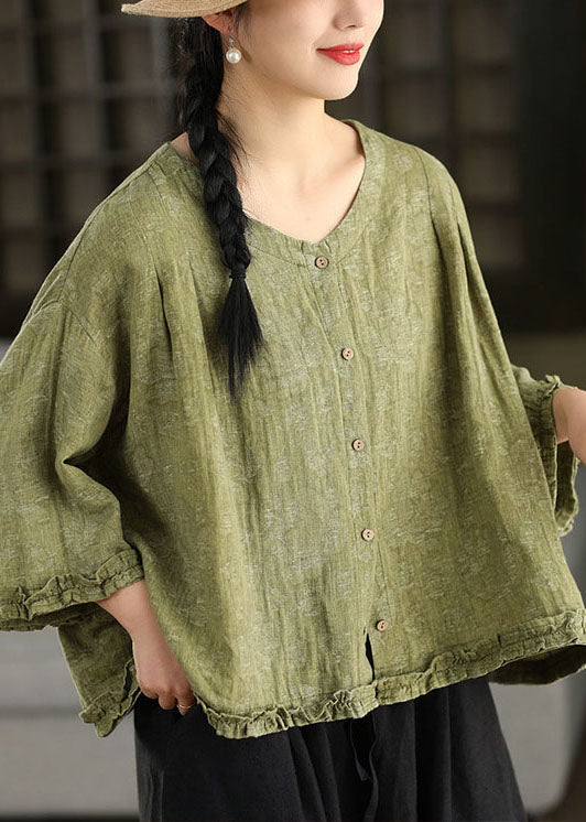 Green Ruffled Jacquard Linen Blouses Bracelet Sleeve