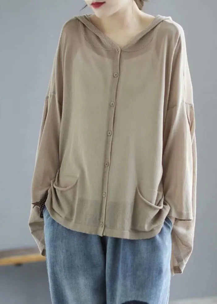 Modern Khaki Hooded Low High Design Pockets Linen Knit Upf 50+ Coat Summer
