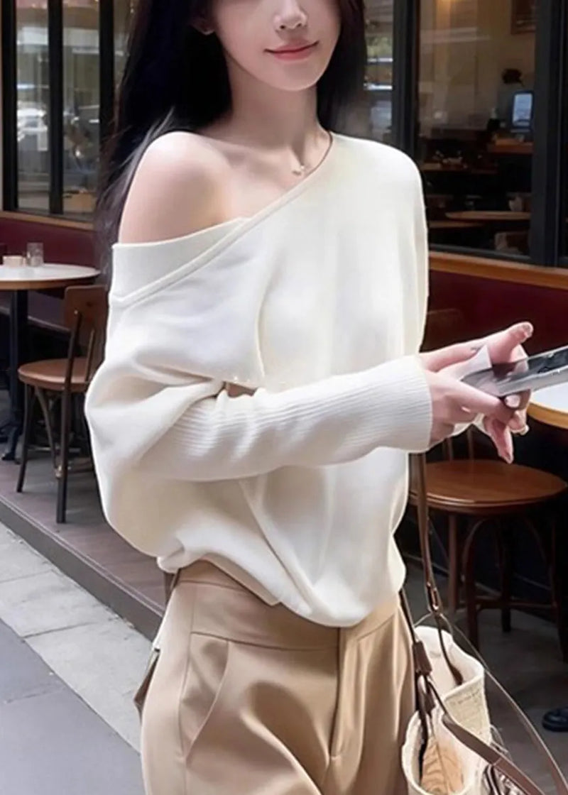 New White Asymmetrical Shoulder Knit Sweaters Batwing Sleeve