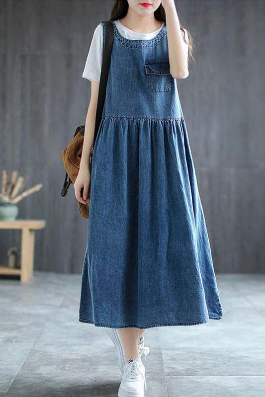 Denim Pleated Long Sleeveless Pinafore Dress