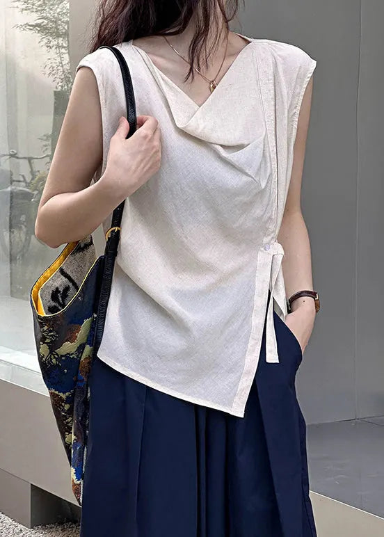 Beige Cotton Blouse Tops Turtle Neck Sleeveless