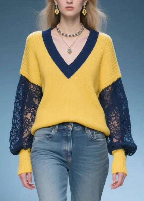Yellow Oversized Patchwork Lace Sweaters Fall