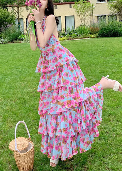 Print Ruffled Halter Backless Beach Dress Summer