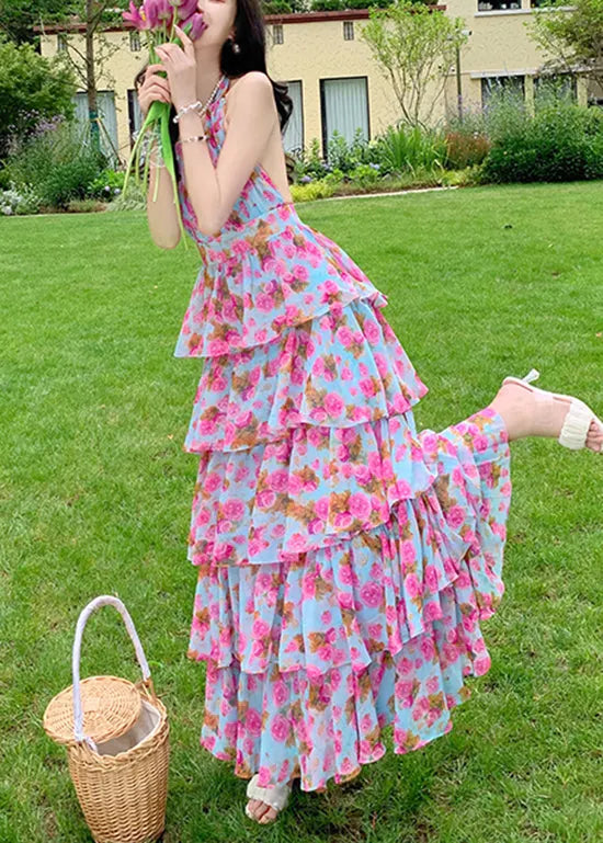 Print Ruffled Halter Backless Beach Dress Summer
