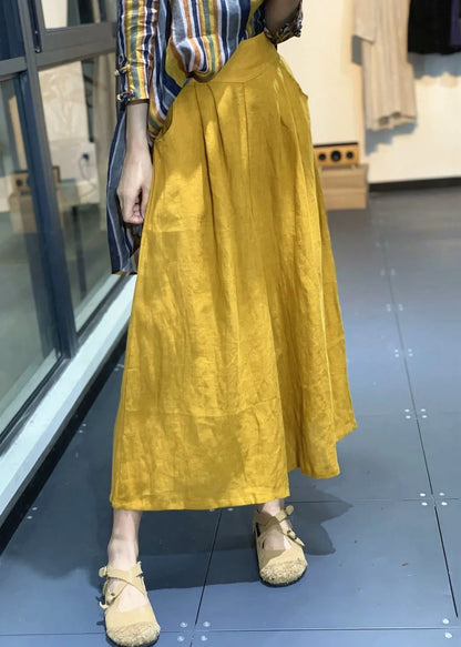 Simple Yellow Pockets High Waist Linen Wide Leg Pants Summer