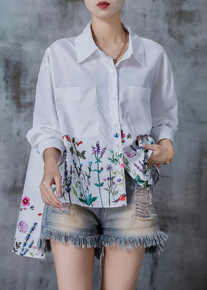 White Oversized Dandelion Print Cotton Shirt Tops Spring