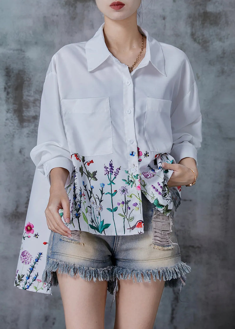 White Oversized Dandelion Print Cotton Shirt Tops Spring