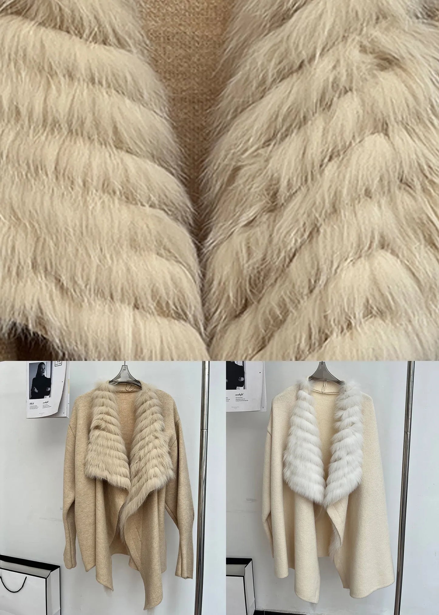 Italian Khaki Peter Pan Collar Fox Collar Patchwork Woolen Cardigan Fall