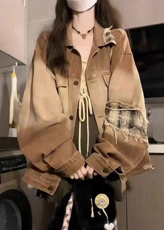 Khaki Peter Pan Collar Pockets Patchwork Patch Denim Coat Lantern Sleeve