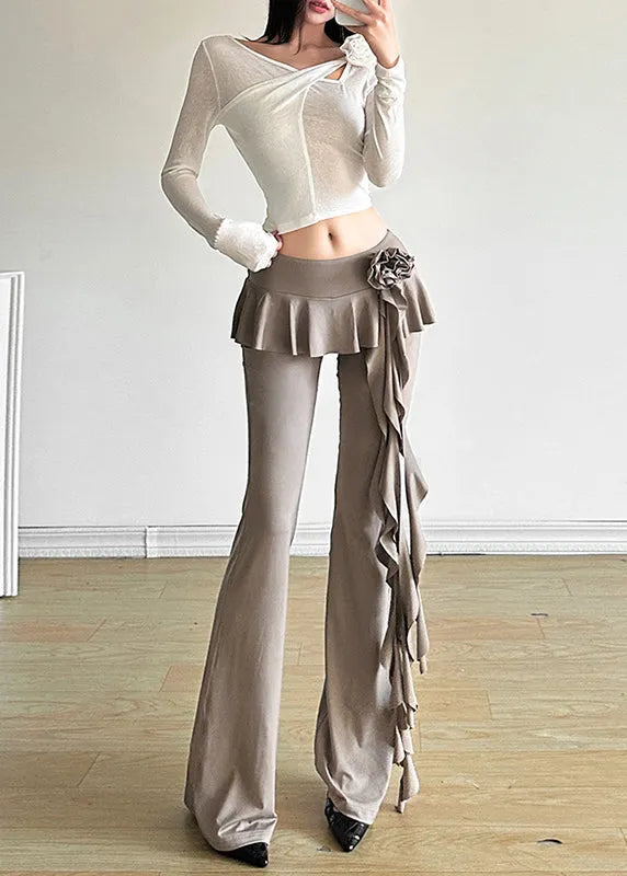 Stylish Khaki Flower Ribbon Patchwork Straight Leg Pants Summer