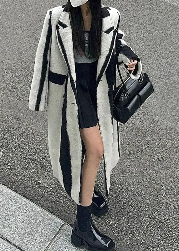 Black White Striped Notched Button Woolen Maxi Coats Winter