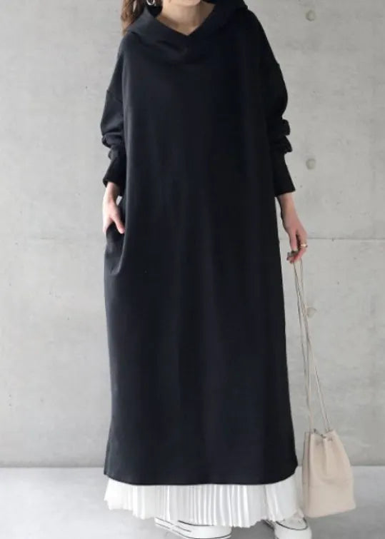 Loose Grey Hooded Cotton Sweatshirt Dress Spring
