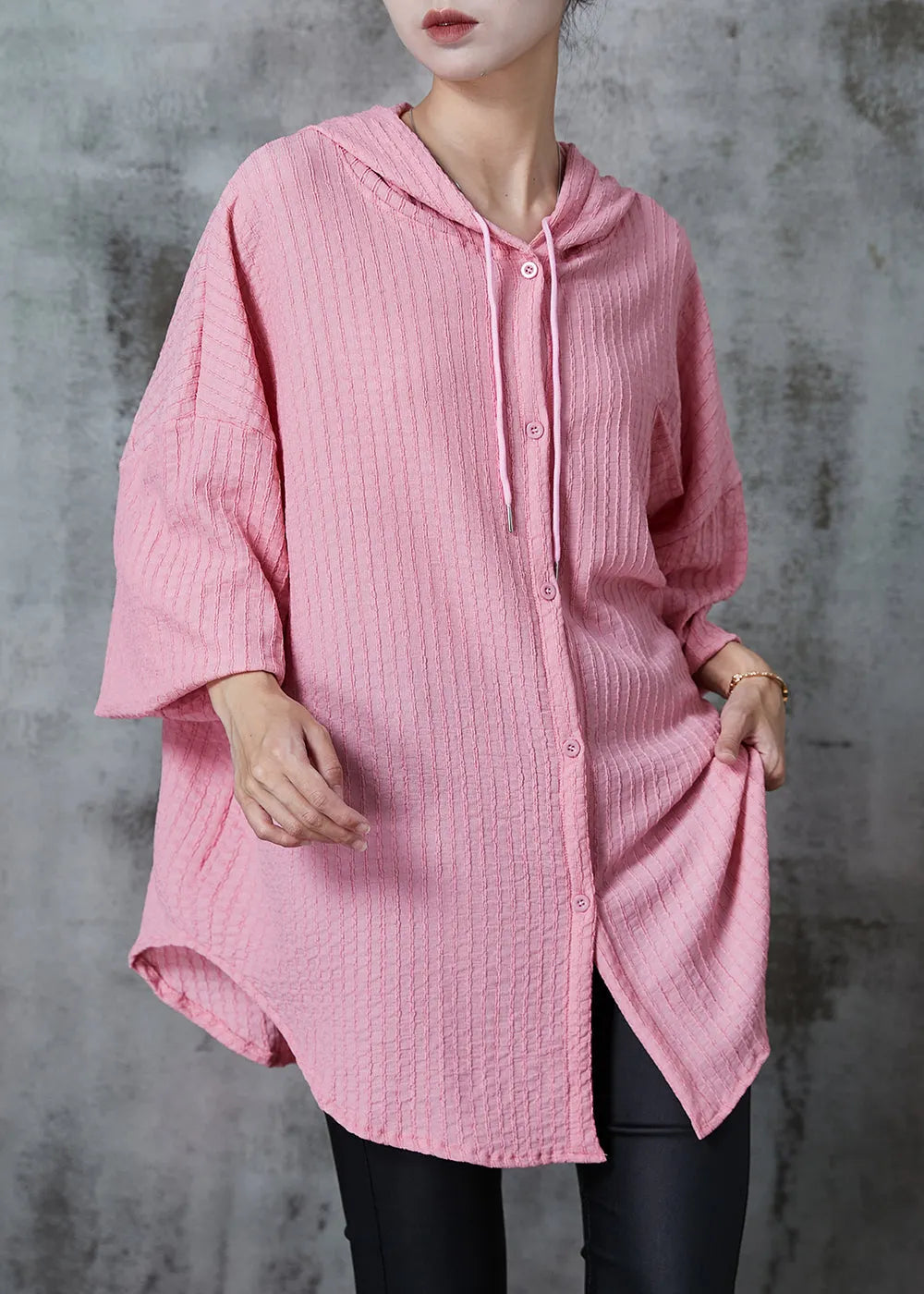 Pink Oversized Striped Cotton Blouses Summer