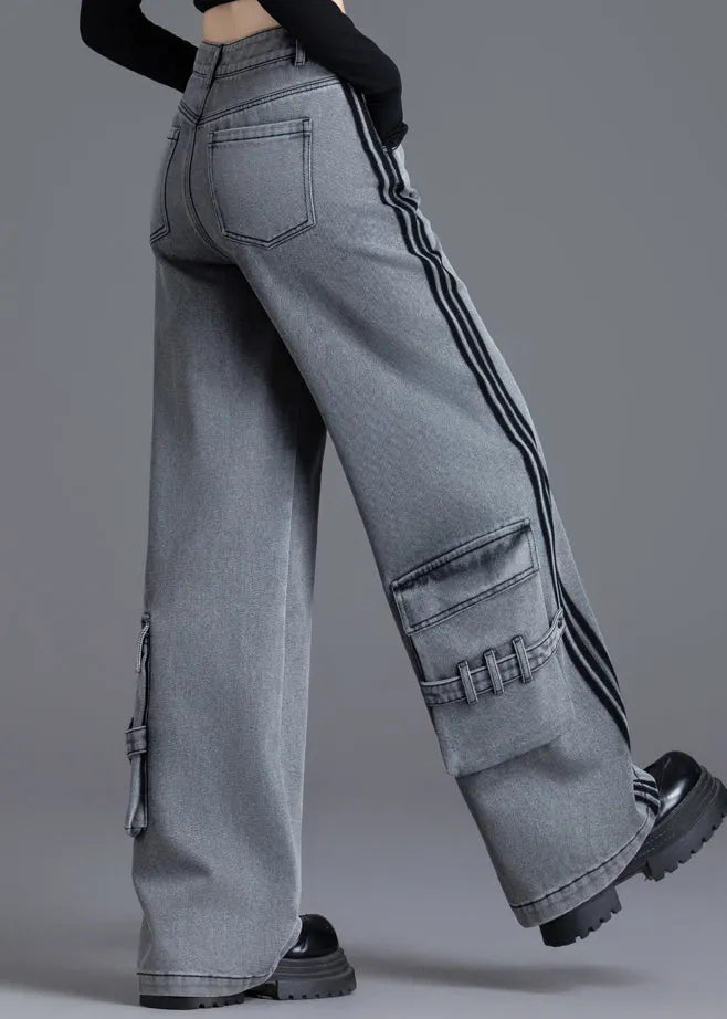 Black Pockets Patchwork High Waist Denim Pants Spring