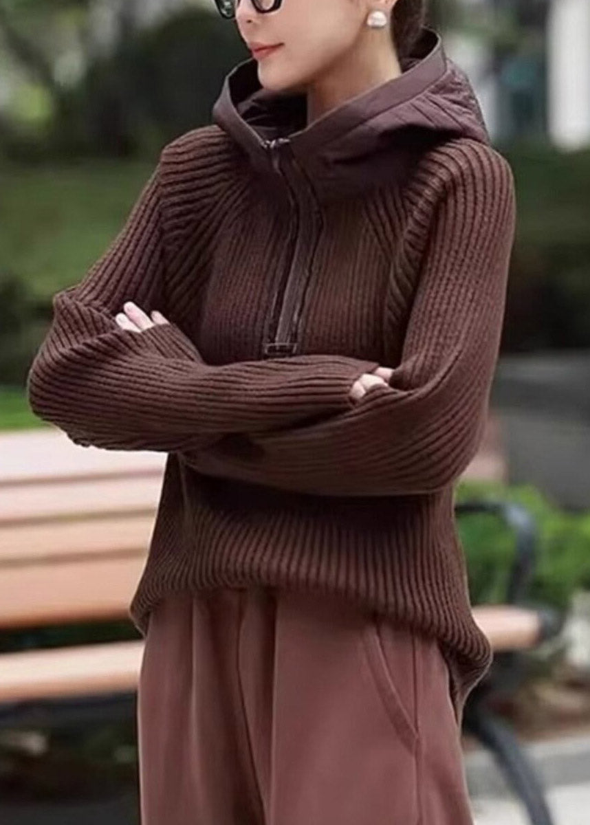 Coffee Zippered Patchwork Hooded Knit Pullover Long Sleeve
