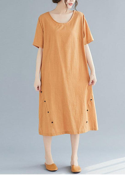 Natural Khaki O Neck Cotton Linen Dresses Button Decorated Summer Dress