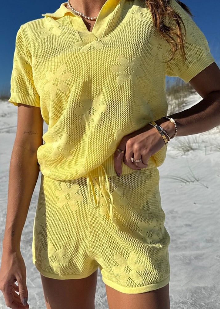 Yellow Cut Out Knit Clitoris Swimsuit Cover Set