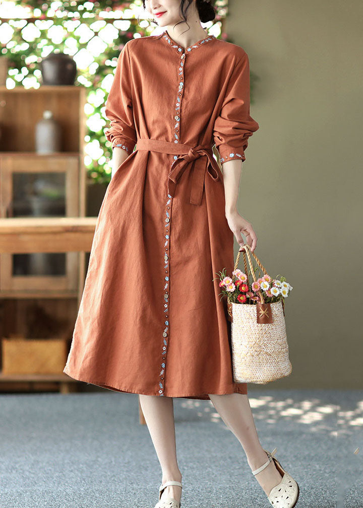 Handmade Orange Stand Collar Embroidered Linen Vacation Dresses Long Sleeve