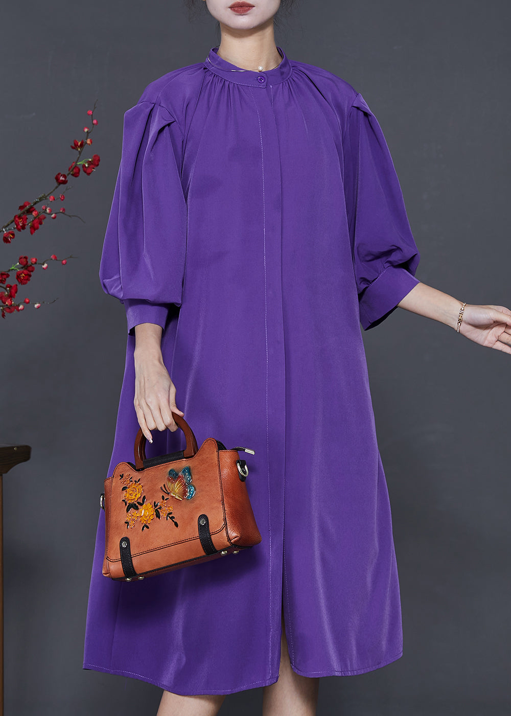 Purple Stand Collar Puff Sleeve Cotton Sundress