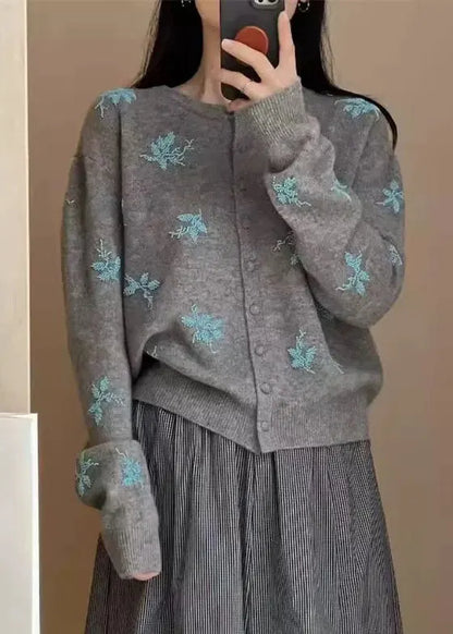Navy Embroidered Button Knit Coat Fall