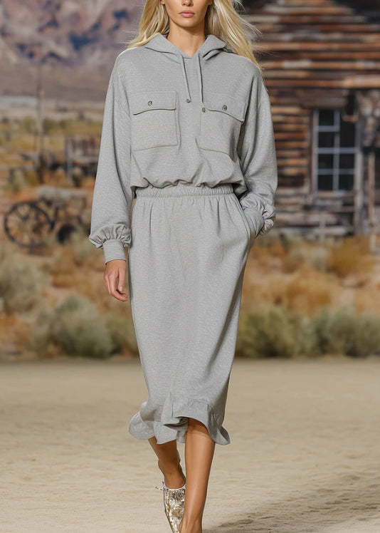 Grey Hooded Ruffled Patchwork Cotton Dress Fall