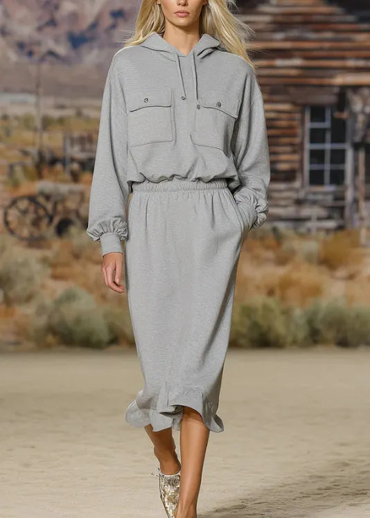 Grey Hooded Ruffled Patchwork Cotton Dress Fall