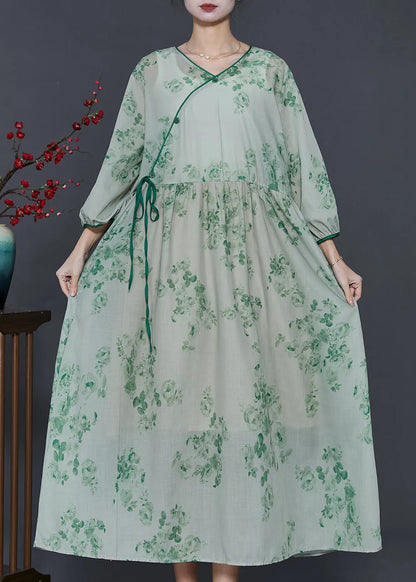 Green Print Linen Oriental Dresses Bracelet Sleeve