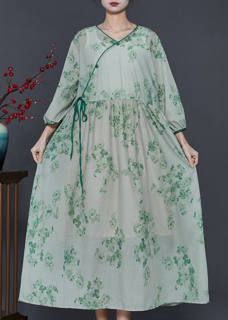 Green Print Linen Oriental Dresses Bracelet Sleeve