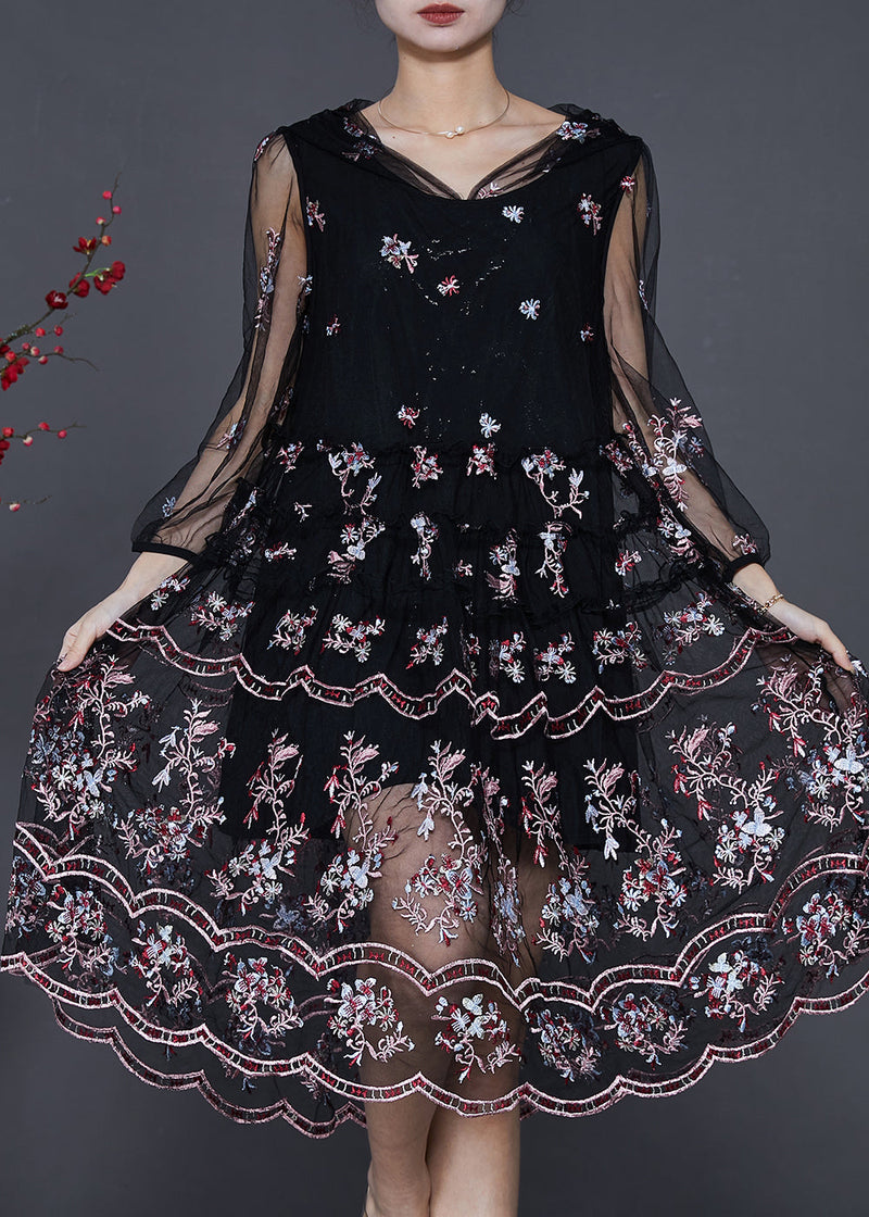 Black Embroidered Tulle Beach Dresses Summer