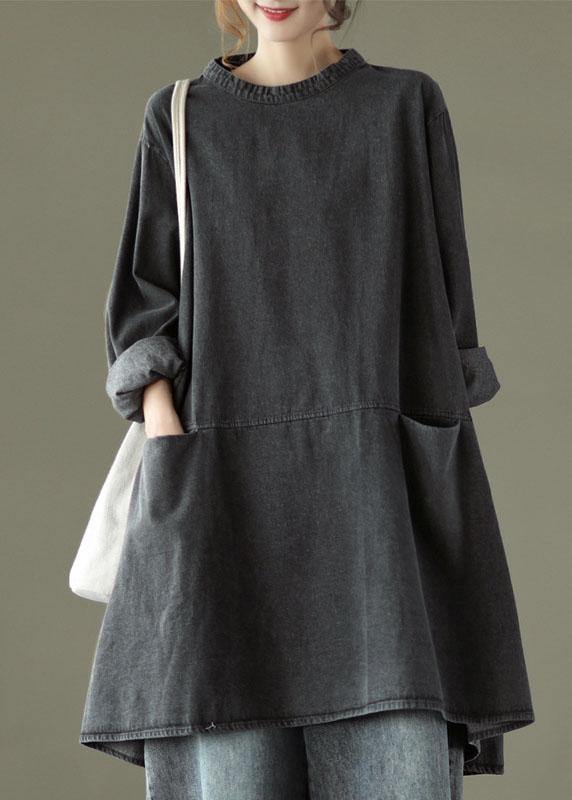 Black Grey-white Flowers O-neck Pockets Denim Long Dresses Long Sleeve