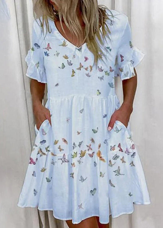 New V Neck Ruffled Butterfly Print Cotton Dress Summer
