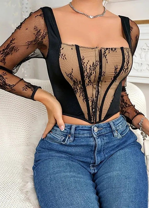 Lace Patchwork Hollow Out Tight Fitting Design Black Top