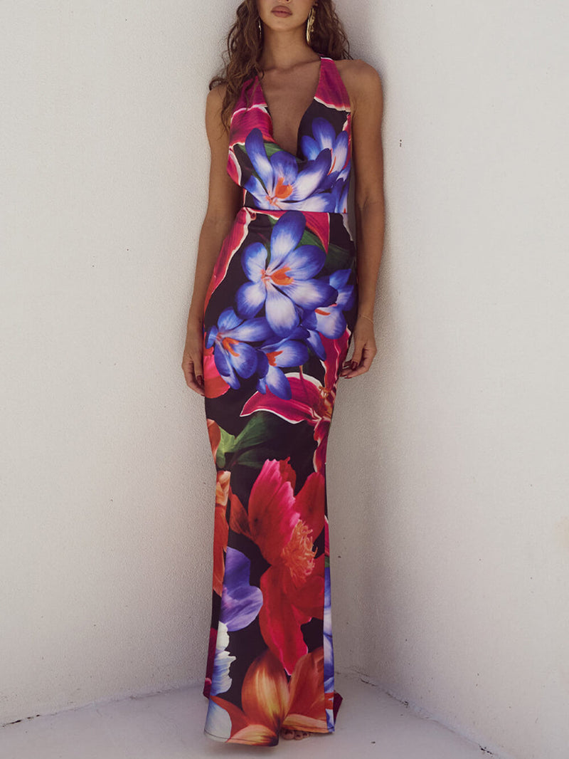 Halter Neck Print Deep V Backless Maxi Dress